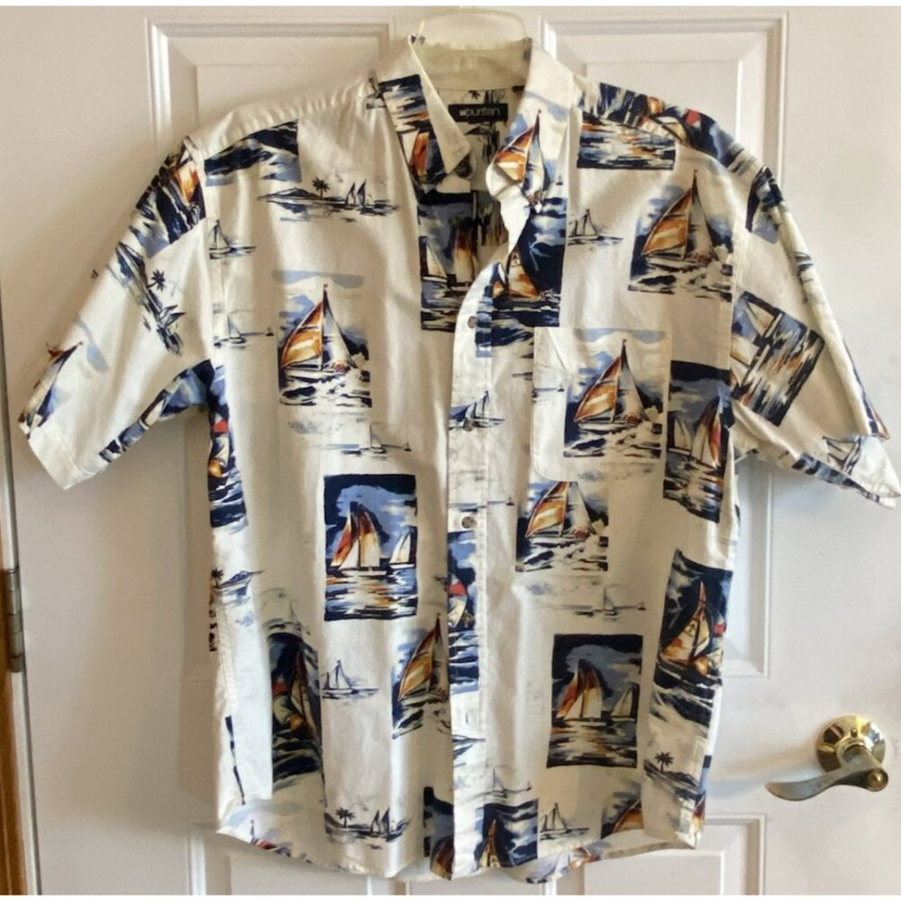 Men's Cotton Camp Shirt Short Sleeve Sailboat Theme Size Large